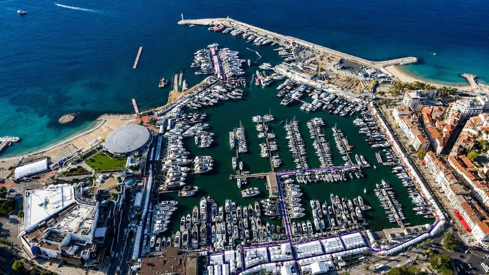 Aerial view of the Cannes Vieux Port marina packed with yachts during the Cannes Yachting Festival.