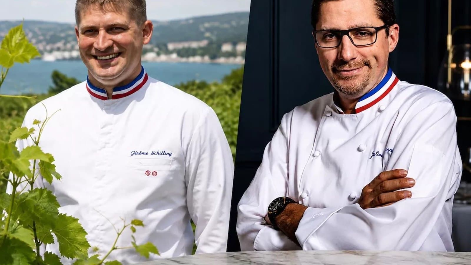 Chefs Jerome Schilling and Julien Roucheteau, both wearing the tricolour-collared whites of Meilleur Ouvrier de France, portrayed side by side.